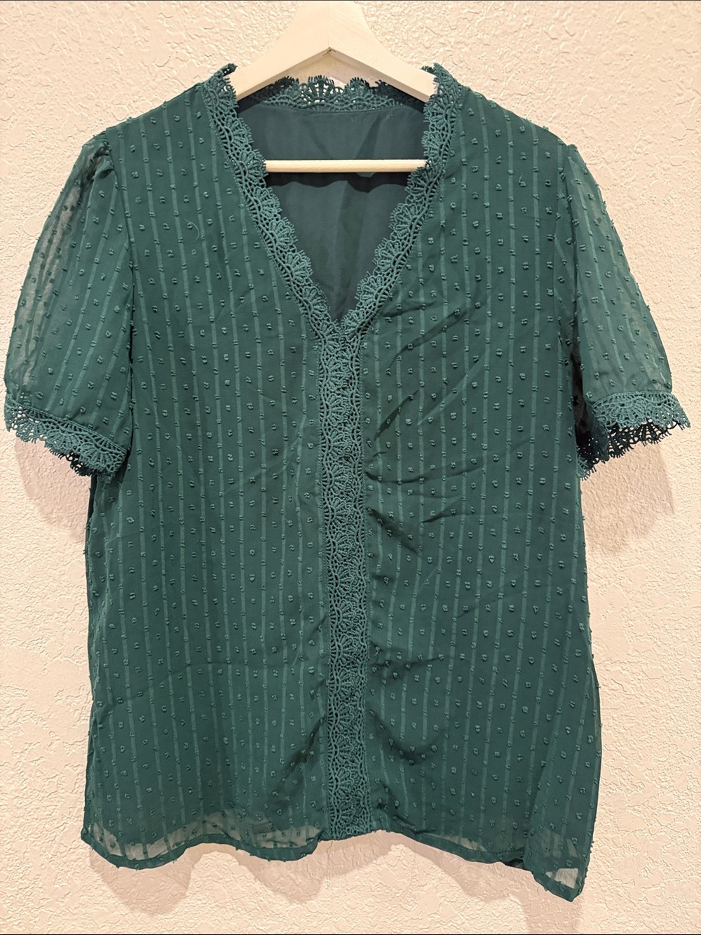 Women's M - Dark Green Lace-Trim Short Sleeve Blouse